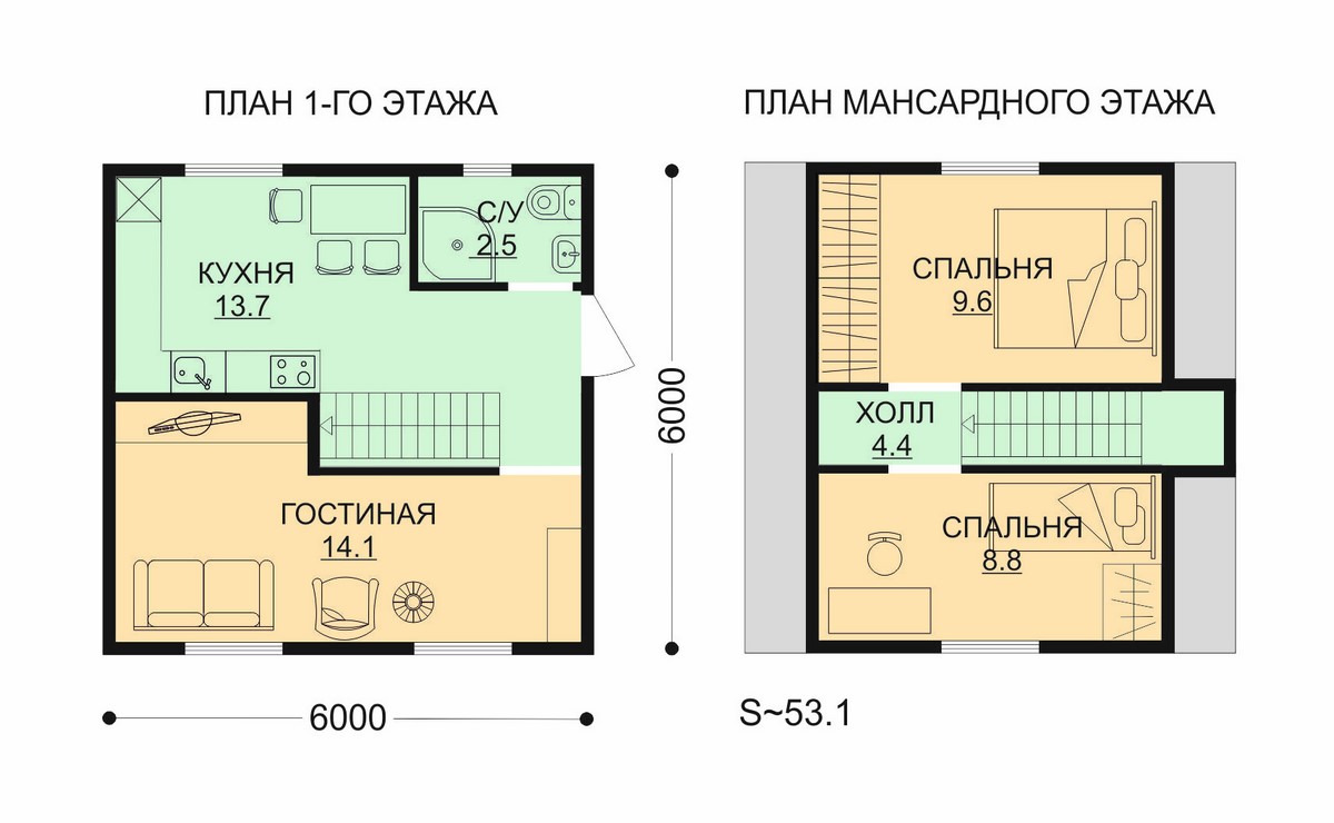 Проект ССК-52М — дом 6х6 52 кв.м. — до 100 кв.м. от ССК-ДОМ